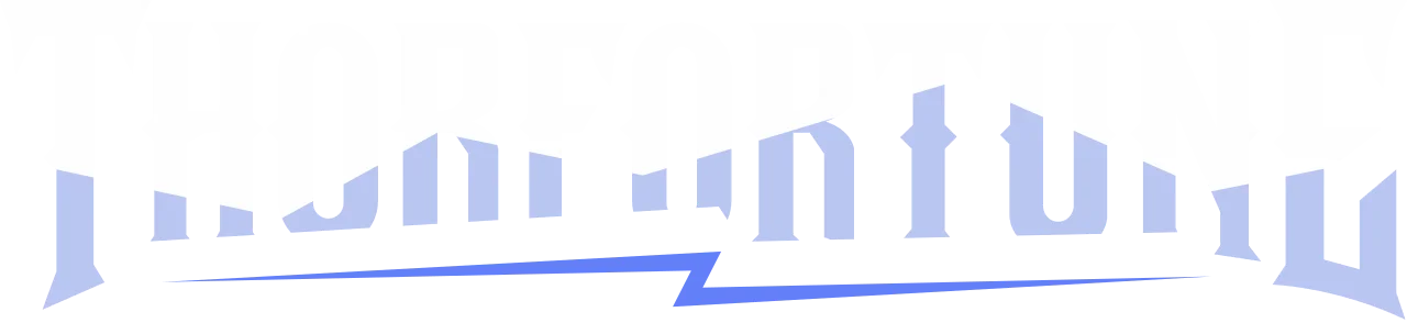 ThorFortune-logotyp med Mjölner, nordiska runor, guld och blå blixtar